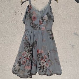Lulus Dress—Verona Light Blue Floral Print Off-the-Shoulder Lace — Small